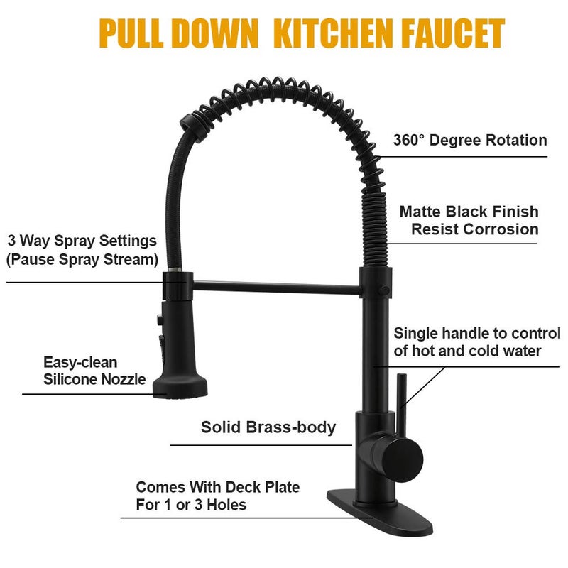 BESy Kitchen Faucet with Three-Function Sprayer Head, Matte Black Finish, Single-Handle, 10-Inch Deck Plate, Brass Material, Easy Installation - Image 2